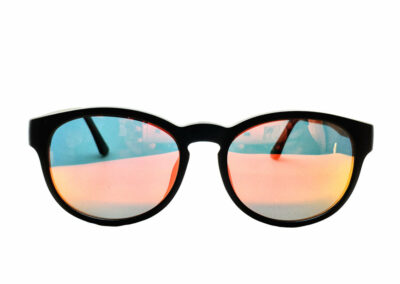 Phoenix clip-on prescription sunglasses by Mr Foureyes front shot with mirrored polarised lenses clip-ons