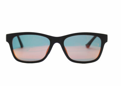 Taylor clip-on prescription sunglasses by Mr Foureyes front shot with clip-ons with mirrored polarised lenses